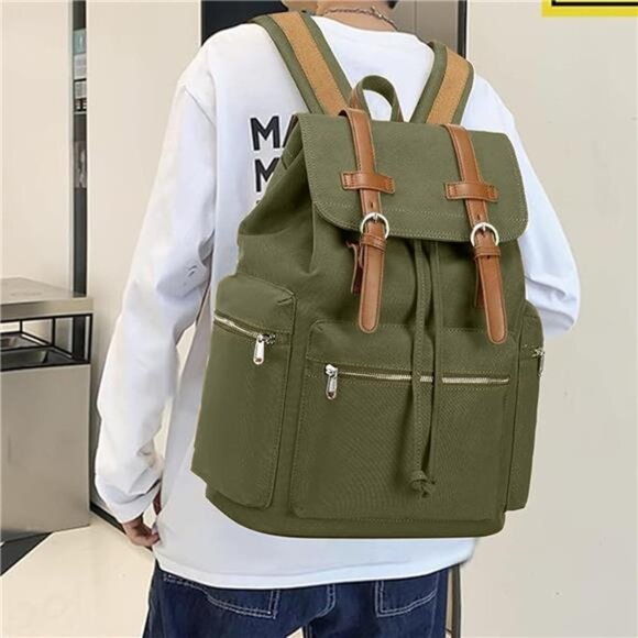 Retro Backpack Leather Trim Casual Light Green - Picture 4 of 6